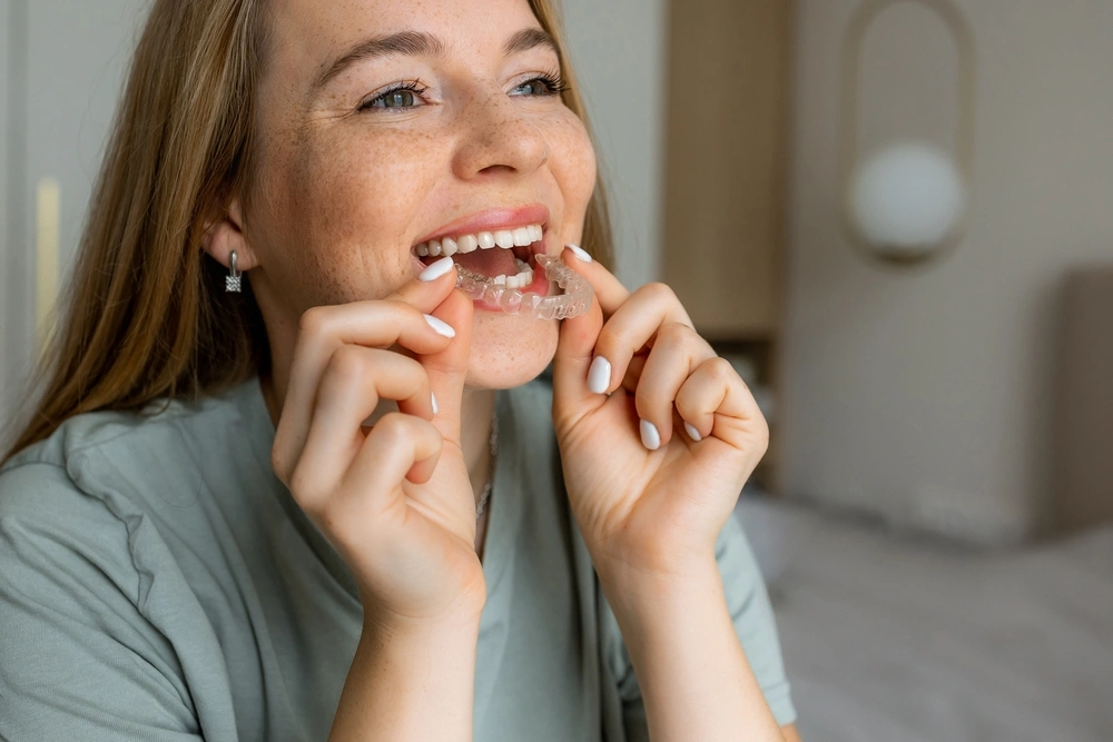 Smiling patient placing clear aligners on her teeth